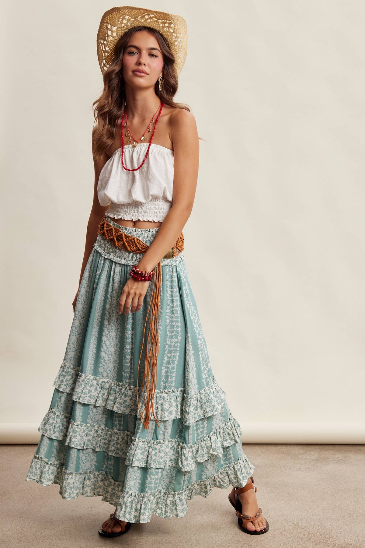 Mixed Print Tiered Maxi Skirt