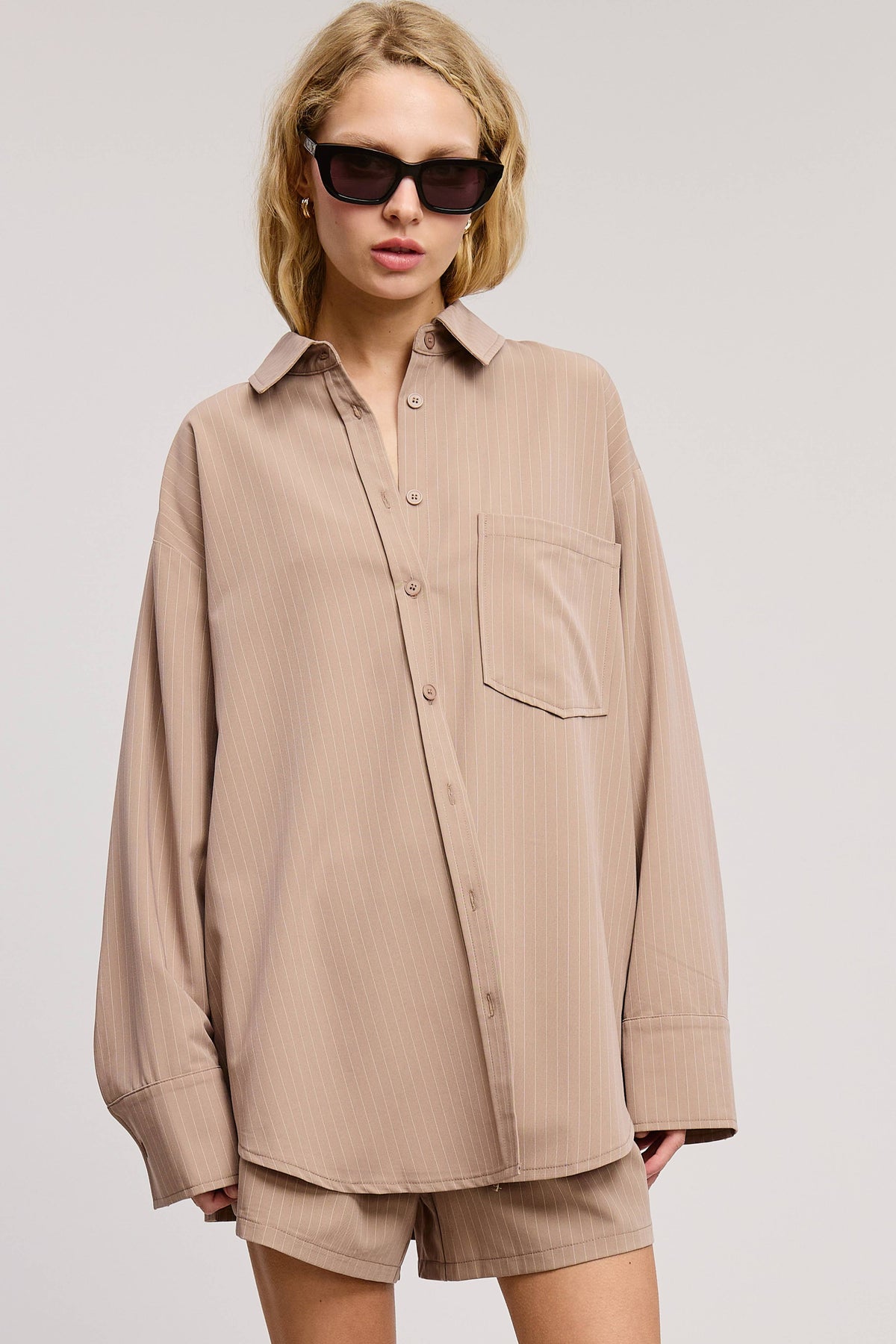 Pinstripe Button Down Shirt and Shorts Set