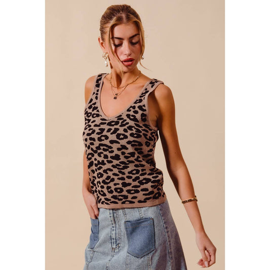 LEOPARD KNITTED LIGHTWEIGHT V NECK TANK TOP