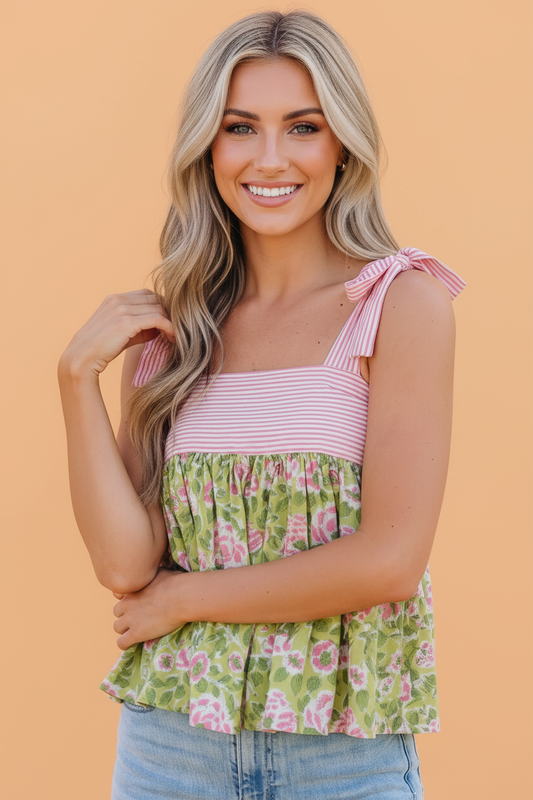 Floral Stripe Tie Strap Babydoll Tank Top