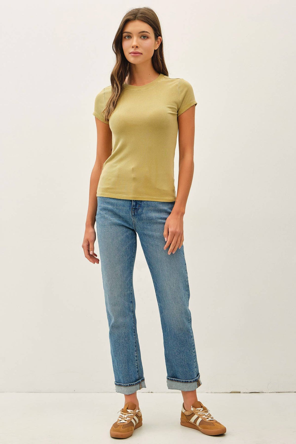 GARMENT DYE RIBBED CREW NECK TOP