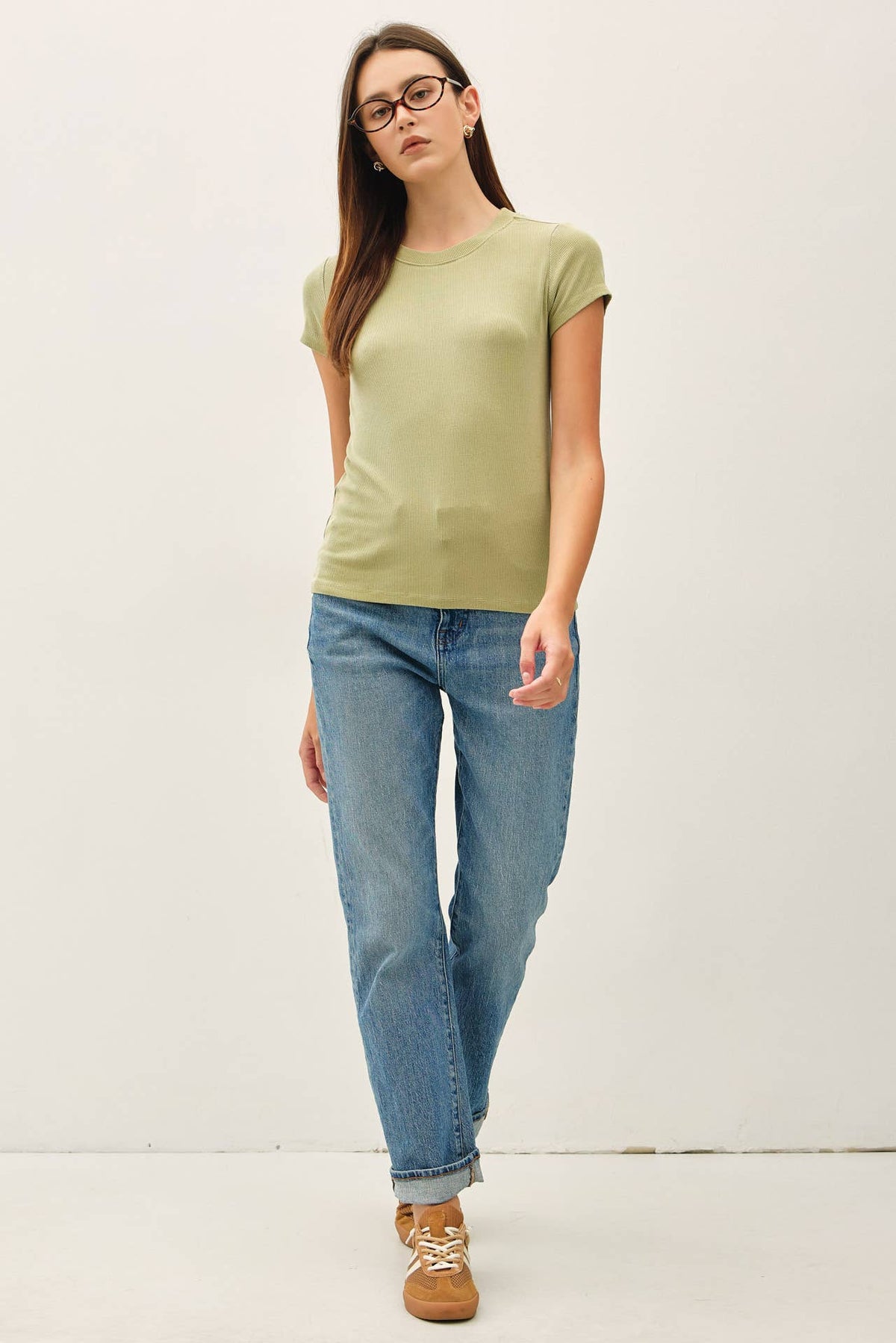 GARMENT DYE RIBBED CREW NECK TOP