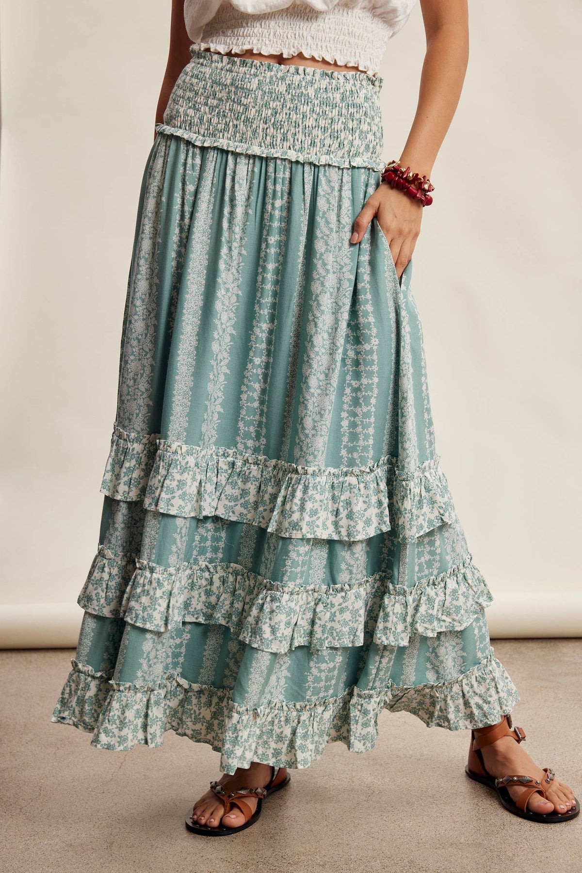 Mixed Print Tiered Maxi Skirt