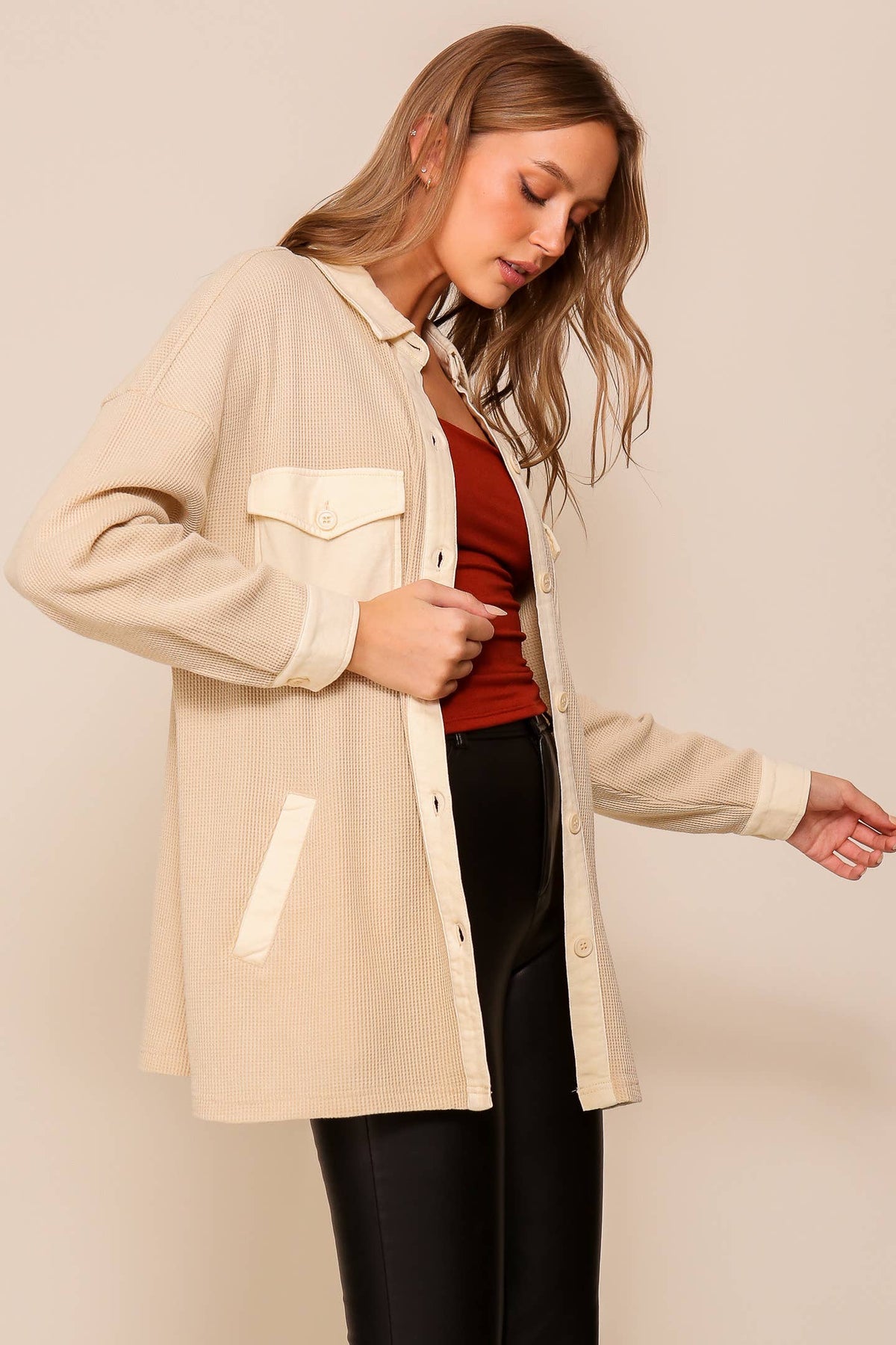 Waffle Knit Button-Down Shacket