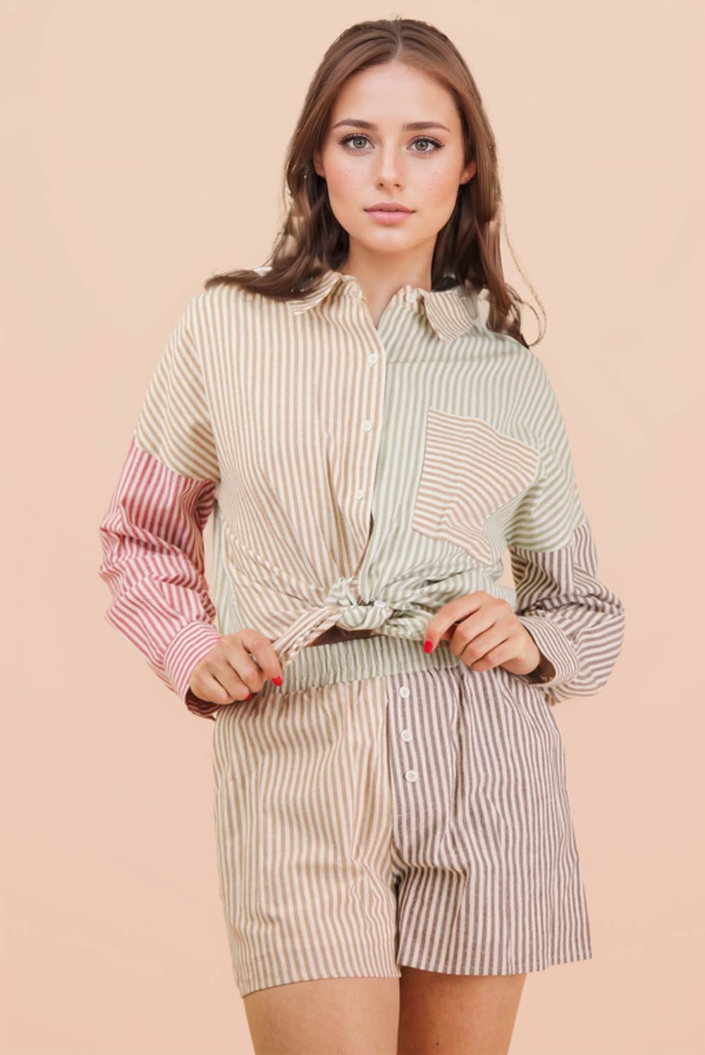 Stripe Color Block Shirt Top & Shorts Set