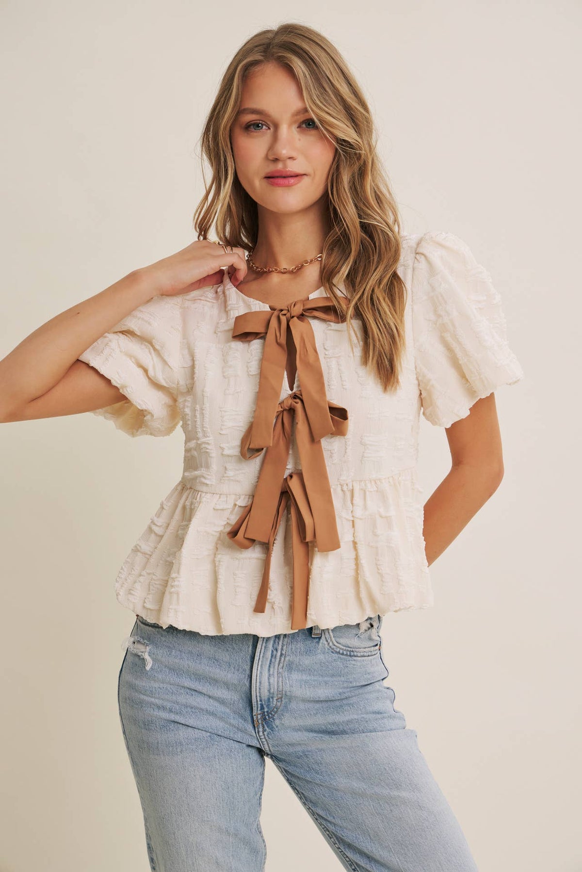 BESTSELLER ROMANTIC TEXTURED CONTRAST BOW PEPLUM BLOUSE