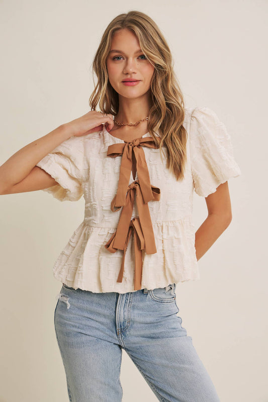 BESTSELLER ROMANTIC TEXTURED CONTRAST BOW PEPLUM BLOUSE