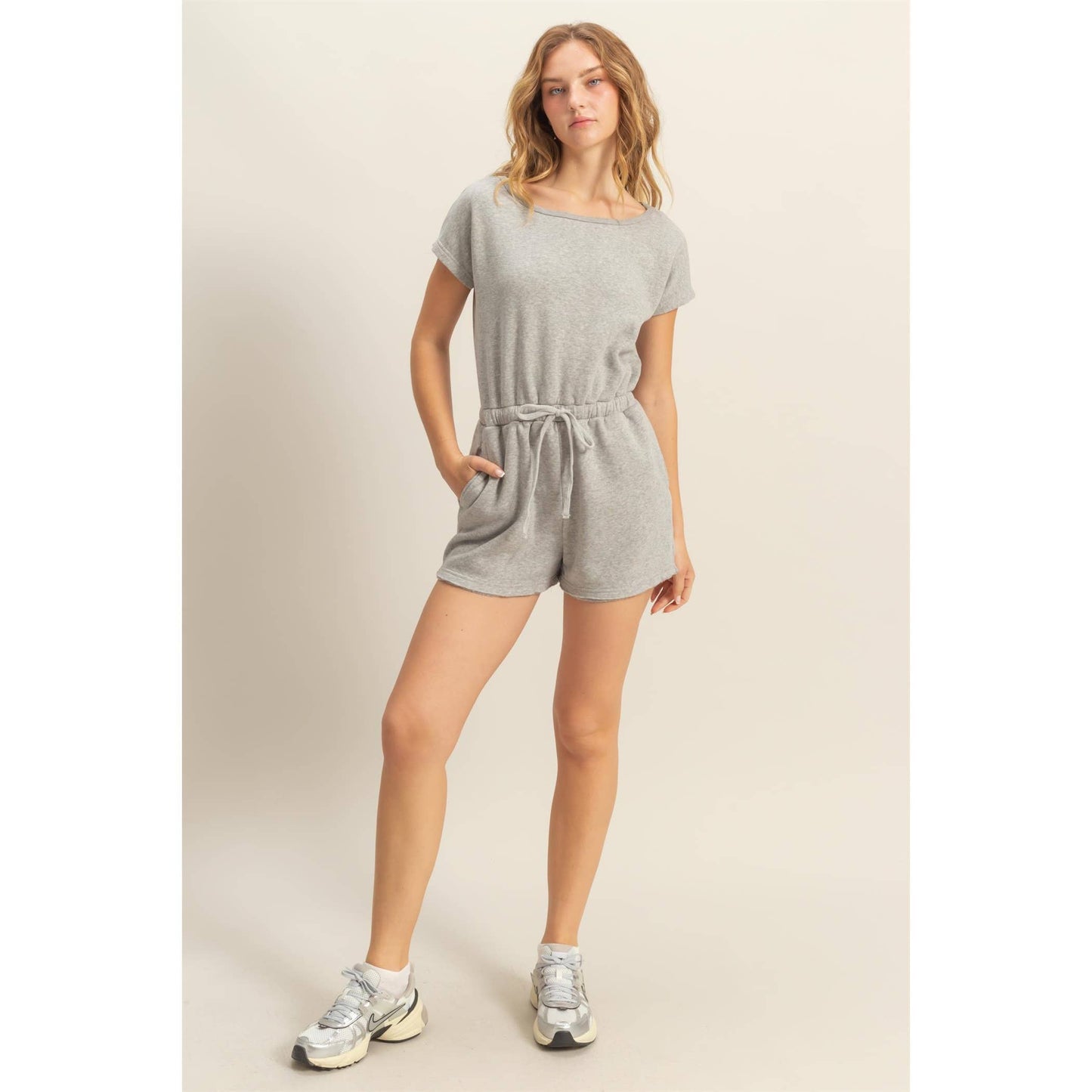 Cap Sleeve Drawstring Waist Romper - Taupe