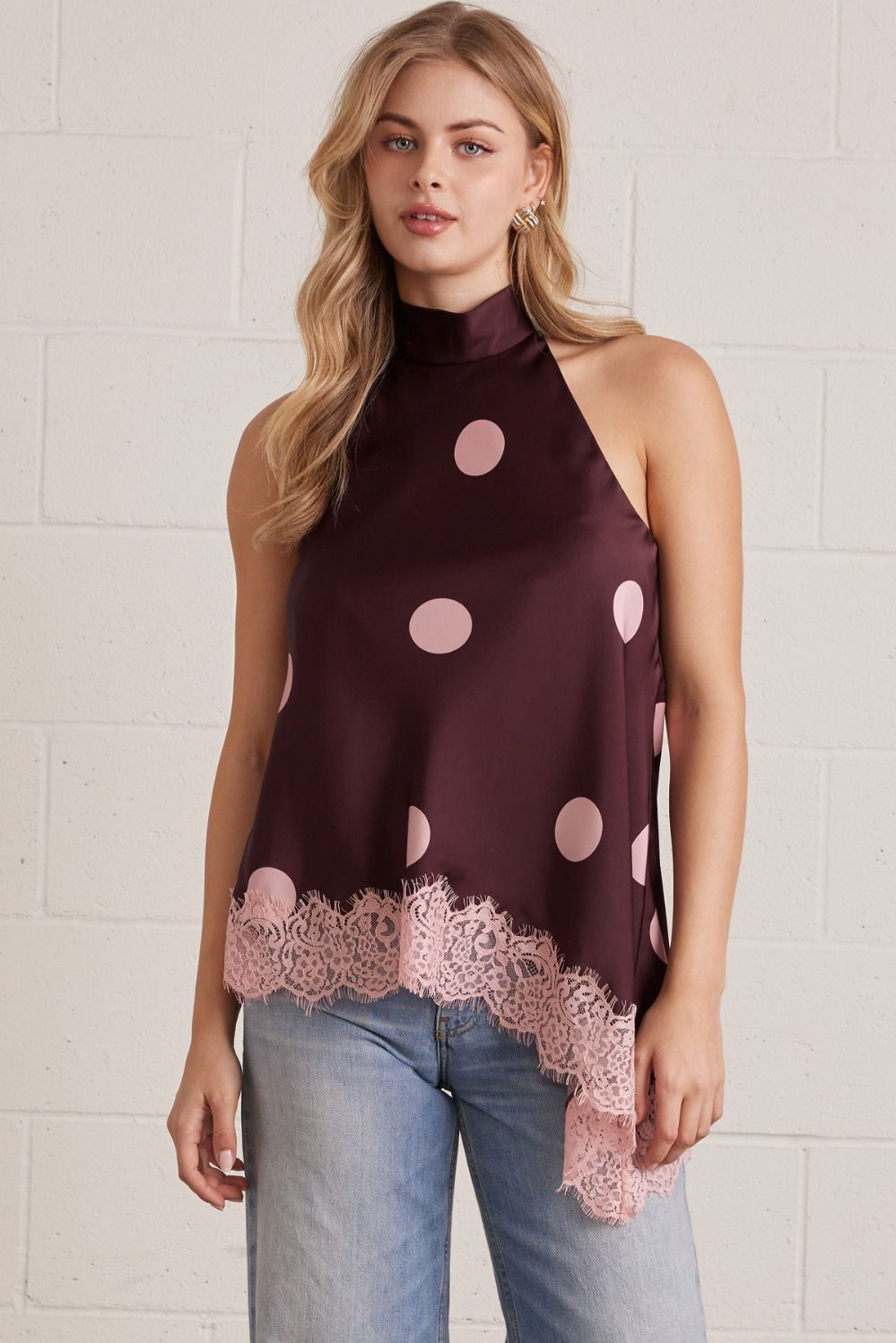 Polka Dot Lace Trim Halter