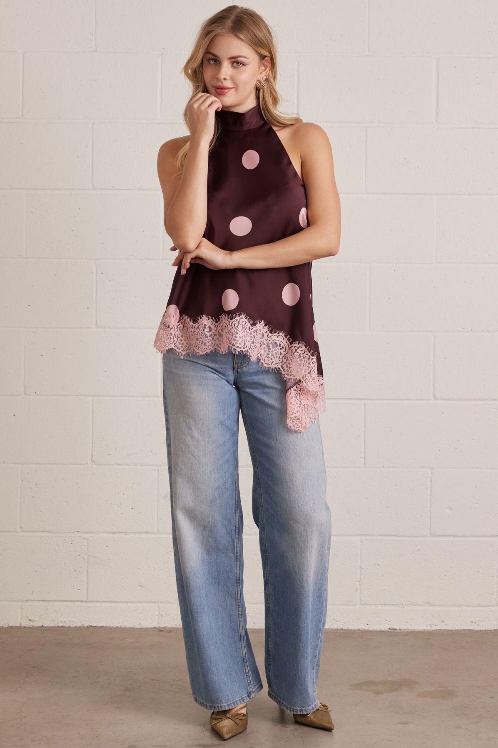 Polka Dot Lace Trim Halter