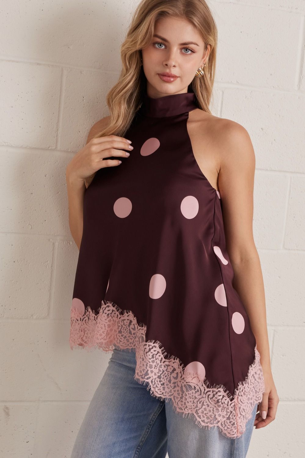 Polka Dot Lace Trim Halter