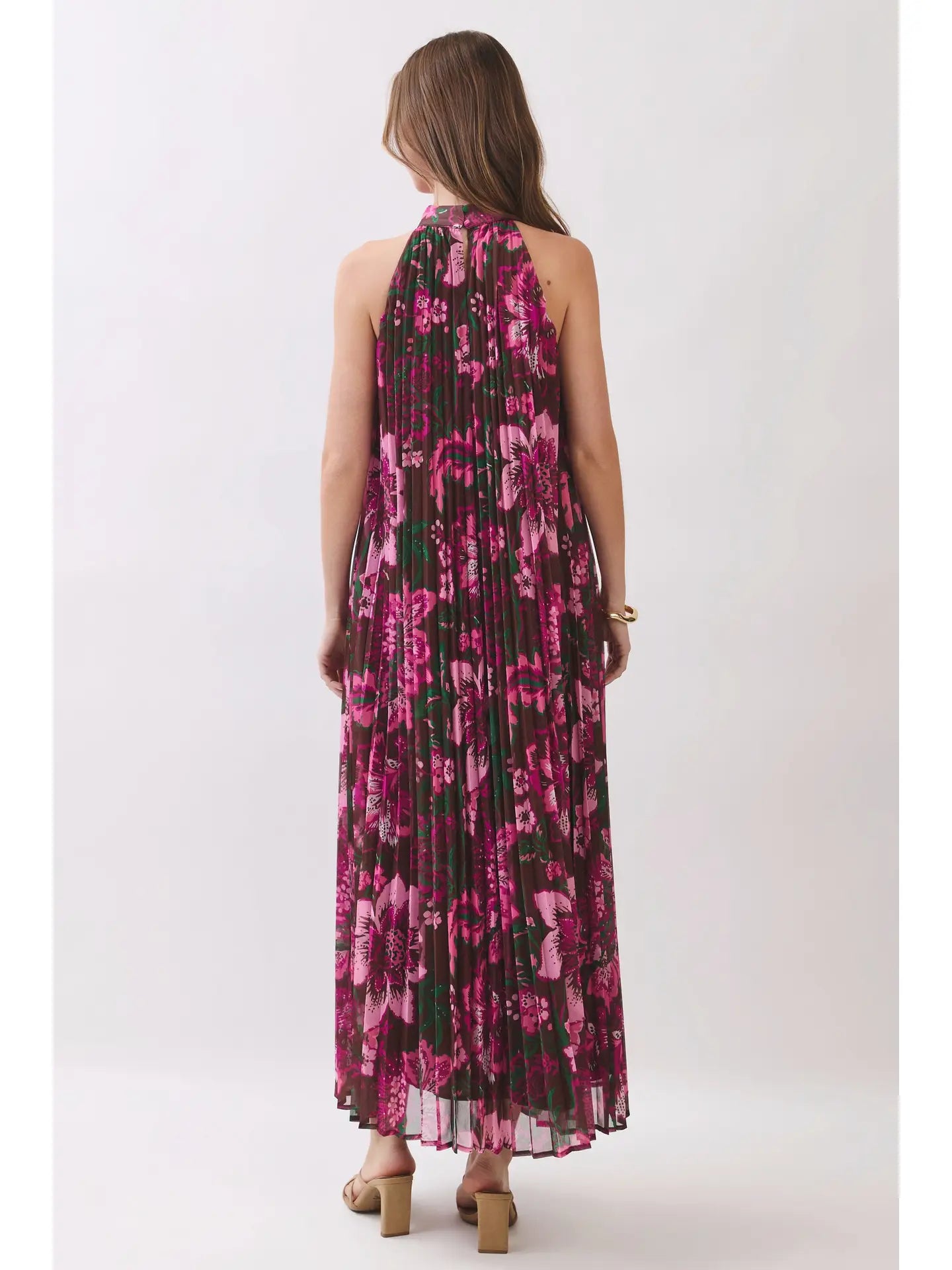 FLORAL PLEATED HALTER MAXI DRESS