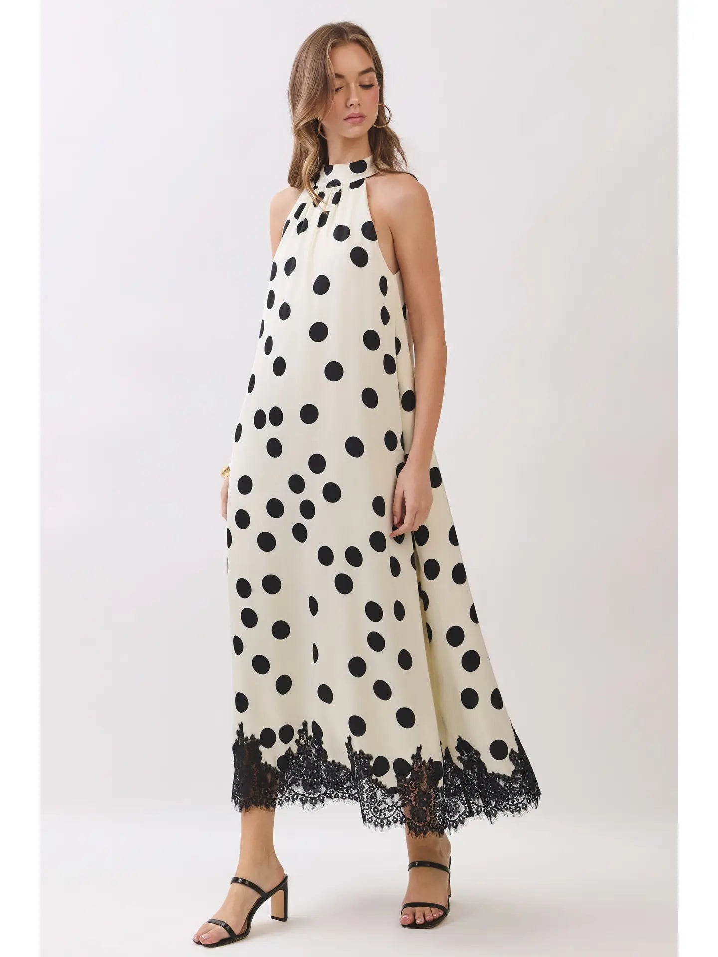 POLKA DOT LACE TRIM HALTER MAXI