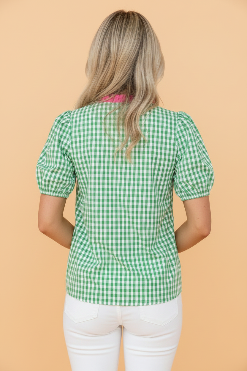 Gingham Bubble Sleeve Colorblock V-Neck Blouse