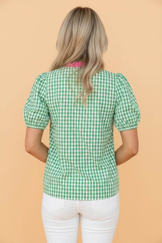 Gingham Bubble Sleeve Colorblock V-Neck Blouse