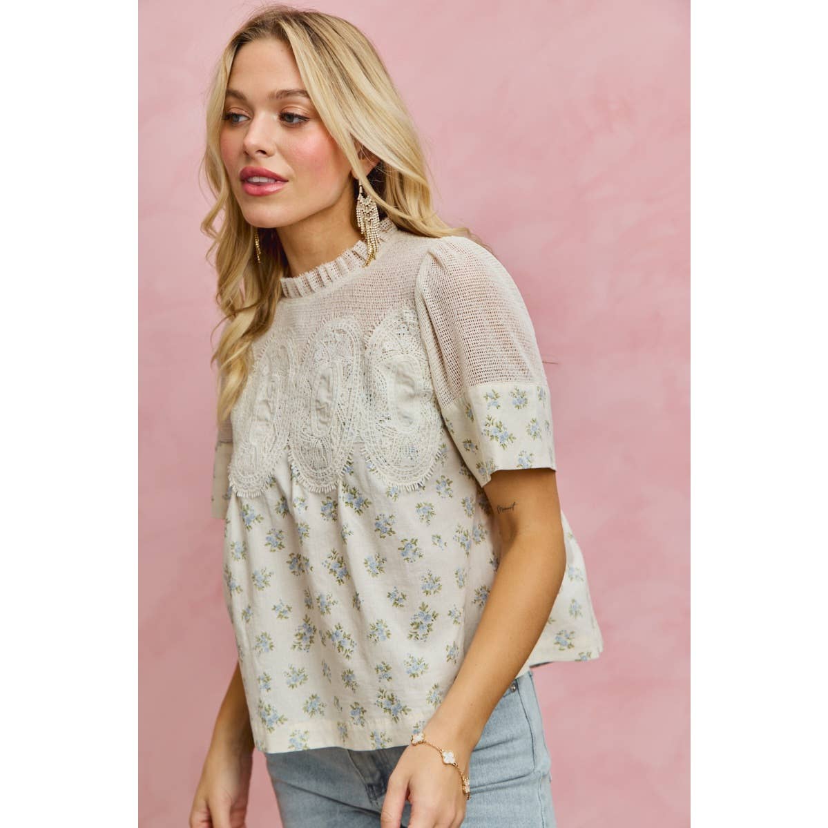 FLORAL PRINT LACE TRIM COTTON BLOUSE TOP
