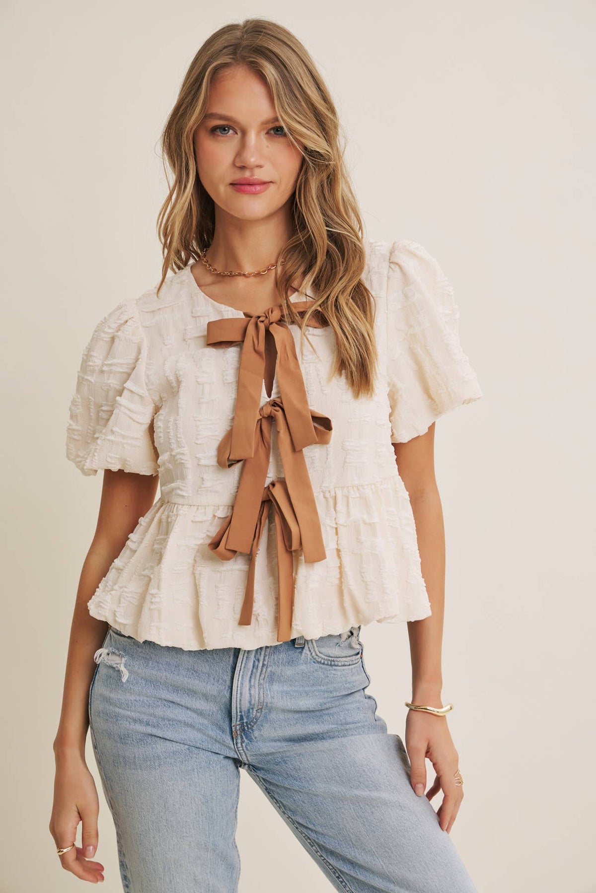 BESTSELLER ROMANTIC TEXTURED CONTRAST BOW PEPLUM BLOUSE