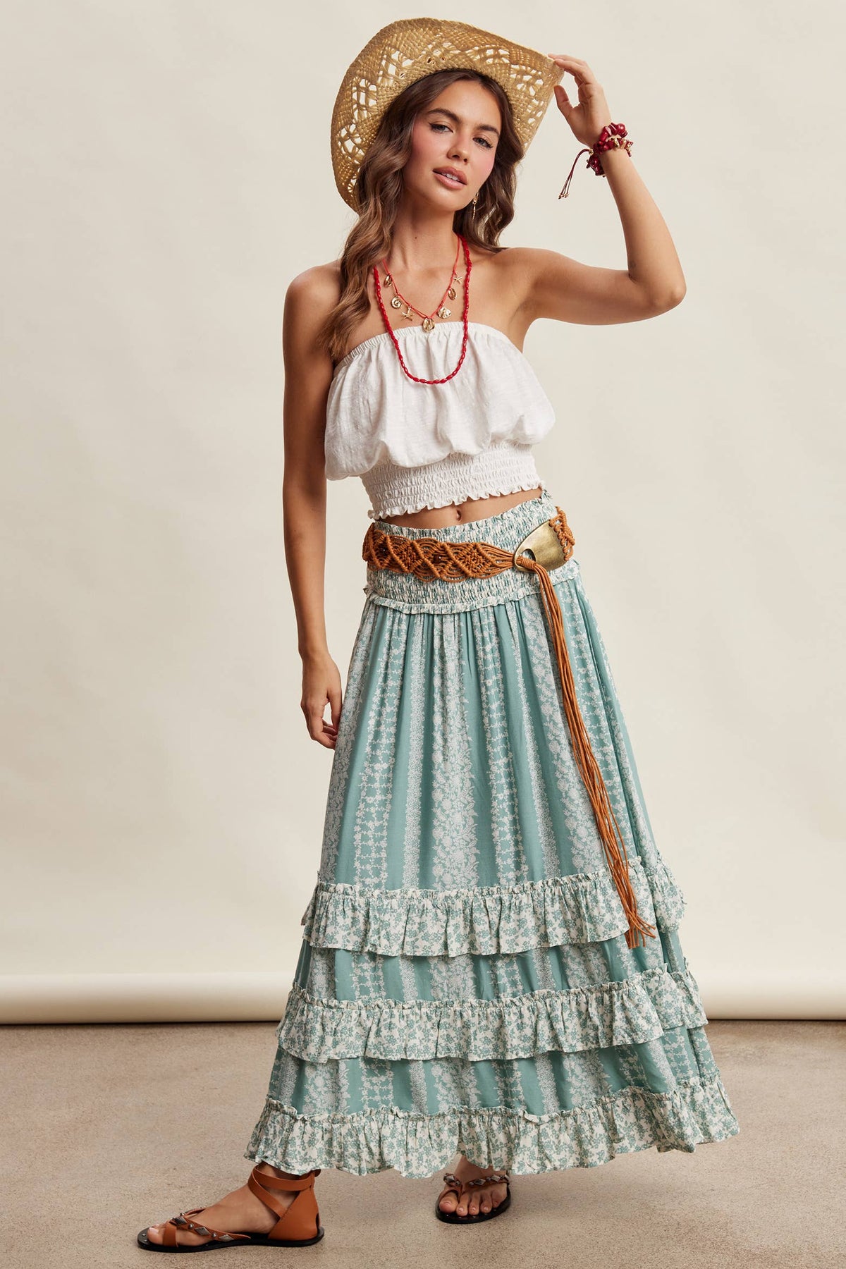 Mixed Print Tiered Maxi Skirt