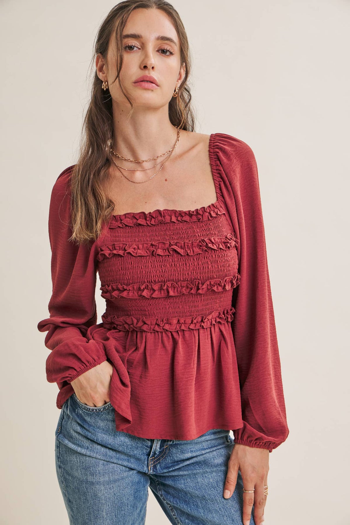 ROSEWOOD EVENING SQUARE NECK SMOCKED PEPLUM BLOUSE