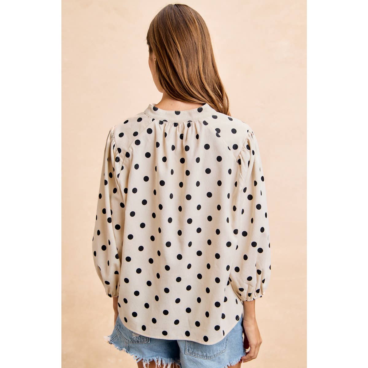 POLKA DOT CORDUROY QUARTER SLEEVES V NECK TOP